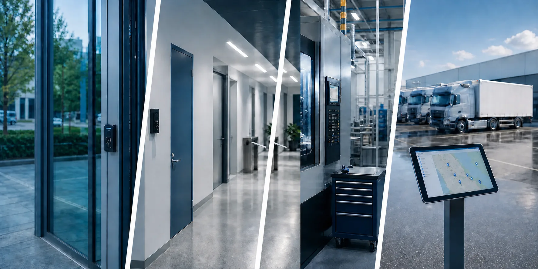 Four illustrative application scenes: access control, security patrol, equipment authorization and fleet operations